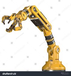 a yellow robotic arm is shown on a white background with clipping space for text