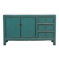 a teal sideboard with three drawers and two doors