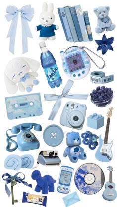 many different items are arranged in the shape of a collage with blue and white colors