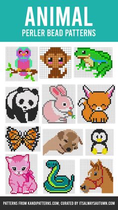 cross stitch pattern for animals with the words animal perler bead patterns on it