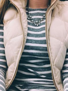 marled stripes + puffer vest #jcrew Colorful Vest, Girls Closet, High Society, Marchesa, Fashion Mode, Looks Style, Mode Inspiration, Puffer Vest, Fall Winter Outfits