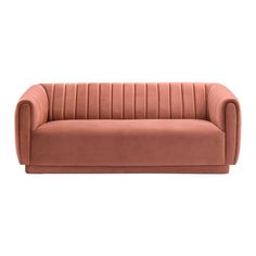 a pink velvet couch with pleated back and arms, viewed from the front view