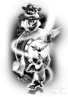 black and white tattoo design with angel, clock and roses