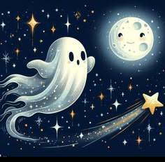 a painting of a ghost flying in the sky next to a moon and star filled night