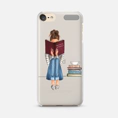 a phone case with an illustration of a girl reading a book and holding a stack of books