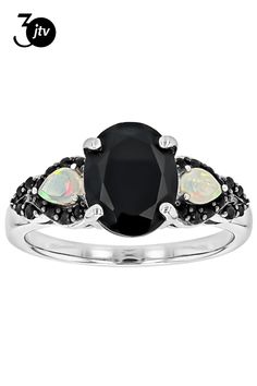 2.00ct Oval, 0.12ctw Round Black Spinel With 0.15ctw Pear Shape Ethiopian Opal Rhodium Over Sterling Silver Ring. Measures Approximately 0.39"L x 0.78"W. Not Sizeable. Black Spinel, Pear Shape, Ethiopian Opal, Pear Shaped, Sterling Silver Ring, Silver Ring, Sterling Silver Rings, Pear, Opal