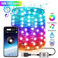 the colorful light is connected to an iphone and has music notes on it, along with other