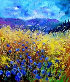 a painting of blue and yellow wildflowers in a field with mountains in the background