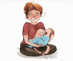 a drawing of a woman holding a baby in her lap and smiling at the camera