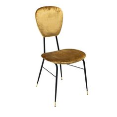 a gold velvet chair with black legs and a metal frame, against a white background