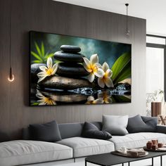 a living room with a large painting on the wall and a couch in front of it