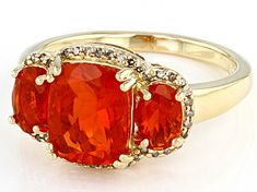 1.11ct Cushion And 0.46ctw Oval Mexican Fire Opal And 0.11ctw Round Champagne Diamond 14K Yellow Gold Ring. Measures Approximately 0.63"L x 0.44"W. Finished Under Gallery. Mexican Fire Opal Ring, Mexican Fire Opal, Opal Ring Gold, Champagne Diamond, Yellow Gold Ring, Opal Gemstone, Cultured Pearls, Yellow Gold Rings, Gold Material