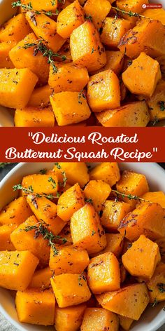 two pictures of roasted butternut squash in a white bowl with herbs and seasoning on top