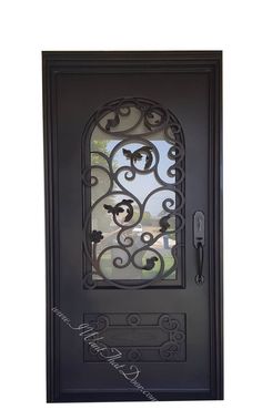 an iron door with a glass window on the front and side panels, in black