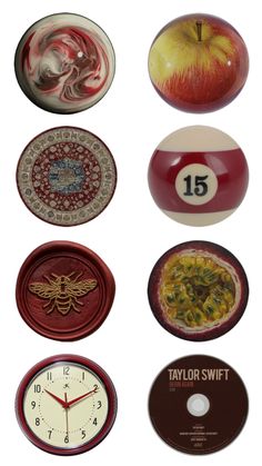 eight different types of billiard balls and clocks with numbers on each one, including the number fifteen