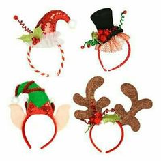 three christmas headbands with reindeer antlers and hats on them