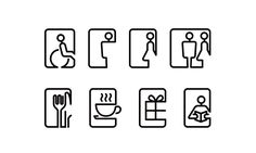 a set of black and white icons depicting people in different places to eat or drink