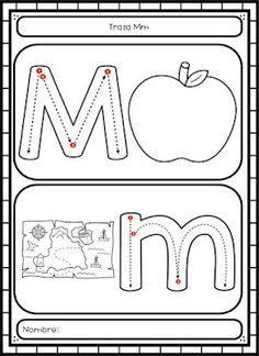 the letter m worksheet is shown with an apple and alphabets on it