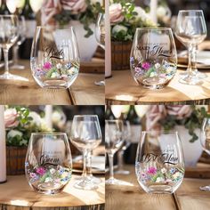 multiple shots of wine glasses with flowers on them