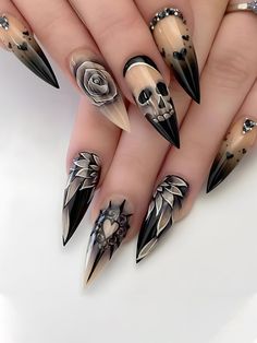 Multicolor  Collar   Plants Color Nails Embellished   Nail,Hand & Foot Care Ongles Goth, Black Halloween Nails, Fake Nails Long, Funky Nail Art, Halloween Press On Nails, Goth Nails, Nail Forms, Skulls And Roses