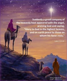 the three wise men are sitting on top of a hill with their camels in front of them