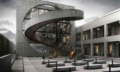 an artistic rendering of a spiral staircase in front of a building with benches around it