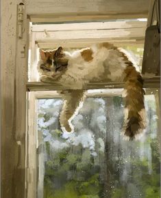 a cat sitting on top of a window sill next to a window pane