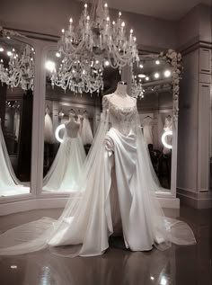 a wedding dress is displayed in front of a window with chandelier and dresses on display