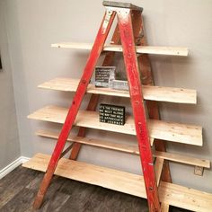 a red ladder leaning up against a wall next to a book shelf filled with books