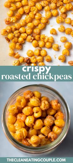 crispy roasted chickpeas in a glass bowl with the words, how to make crisp