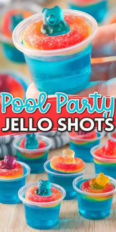 jelly jello shots in plastic cups with gummy bears