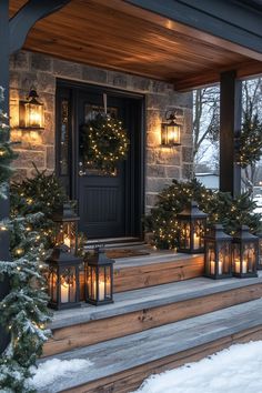 christmas lights are lit on the front steps