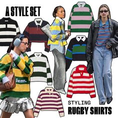 How to style + where to buy rugby shirts on astyleset.com/blog/styling-rugby-shirts 👕 This fall, rugby shirts are everywhere. From oversized styles to adorable cropped versions, women are embracing this fun trend that combines elements of preppy Americana and blokette style. The good news is, this sporty cool-girl aesthetic is simple to incorporate into any wardrobe and it mixes well with pieces you probably already have in your closet. Here are some of our favorite rugby shirts and how to s... Rugby Outfits For Women, Rugby Tshirt Outfits, How To Style A Rugby Shirt, Styling Rugby Shirt, Rugby Shirt Street Style, Baggy Rugby Shirt Outfit, Rugby Shirt Outfit Women, Rugby Shirt Aesthetic, Blokette Aesthetic