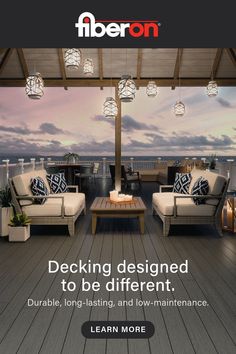 an advertisement for modern furniture and lighting on a deck with ocean view in the background