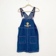 Size: Small Brand: Warner Brothers Condition: Nwt Style: Tweety Bird Overall Denim Dress Vintage Summer Denim Mini Dress, Blue Retro Denim Overalls, Vintage Cotton Denim Mini Dress, Vintage Disney Overalls, Blue Fitted Vintage Overalls, 90s Denim, Embroidered Dress, Blue Yellow, Denim Dress