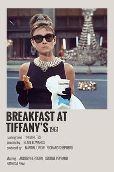 the poster for breakfast at tiffany's, featuring a woman in black holding a bag