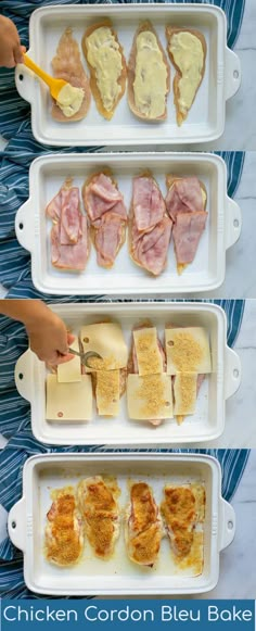 chicken cordon bleu bake is shown in three separate trays