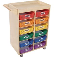 a toy storage unit with plastic bins on wheels