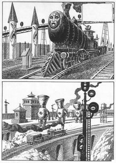 two black and white illustrations of trains on tracks, one with an image of a man in