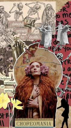 an altered collage with images of women and flowers in the center, surrounded by words