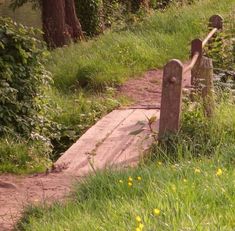 an old wooden bench sitting on top of a grass covered field next to a river