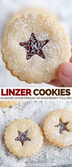 a hand holding a star shaped cookie with powdered sugar on top and another photo showing the finished cookies