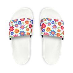 Take on the summer heat with style thanks to these personalized slide sandals for women. Made with PU outsoles and an edge-to-edge strap customization that will never peel, crack, or fade, these sandals feature a high-end quality factor comparable to household-name brands. The straps are made with neoprene and polyester to avoid chafing while the ergonomic sole keeps discomfort at bay. .: Material: 100% PU (polyurethane) outsoles / polyester & neoprene straps .: Black & white outsole color optio Non-slip Jelly Sandals For Spring, Cushioned Open Toe Slides In Eva, Eva Slides With Cushioned Footbed And Open Toe, White Trendy Slip-on Jelly Sandals, Synthetic Slip-on Sandals For Summer Outings, Slip-on Flat Flip Flops For Vacation, Trendy Slip-on Platform Slippers For Vacation, Trendy Slip-on Platform Slippers For Summer, Slip-on Eva Sandals With Textured Footbed