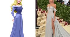 there are two pictures of the same woman in different dresses, one is wearing a dress with thigh high slits