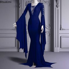 2024 Women's Morticia Addams Cosplay Floor Dress Costume Adult Women Punk Gothic Witch Vintage Sexy Slim Gown, Up Halloween Costumes, Trumpet Sleeves, Witch Dress, Morticia Addams, Punk Dress, Halloween Cocktails, Grunge Dress, Flare Sleeve Dress