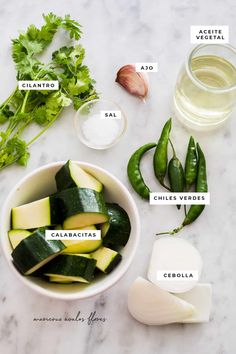 the ingredients to make cucumber soup are shown in bowls and labeled with their names