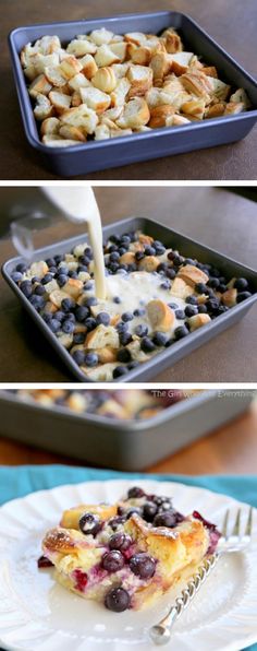 four pictures showing different stages of making blueberry cheesecakes and the steps in how to bake them