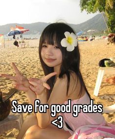 a woman sitting on top of a sandy beach next to a palm tree with the words save for good grads