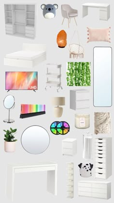 an assortment of white furniture and decor items