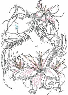 a drawing of a woman with flowers in her hair